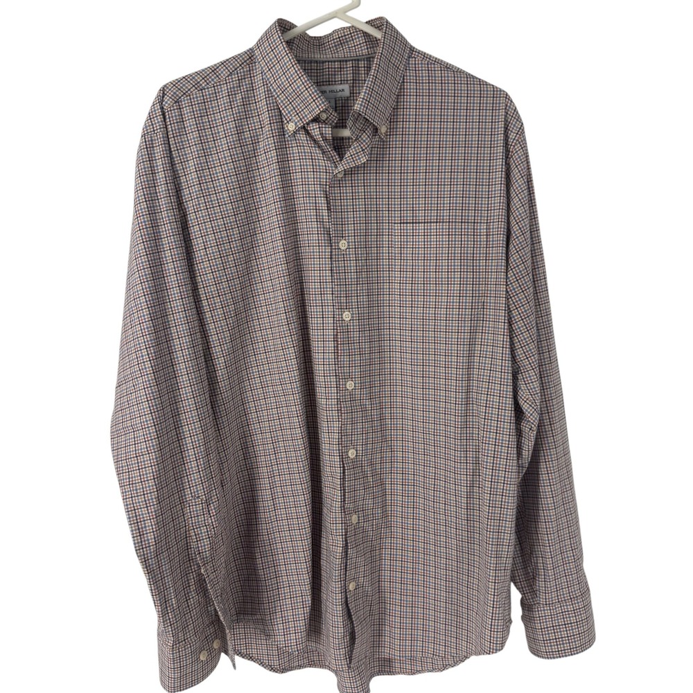 Peter Millar Mens Large Plaid Button Down Shirt Blue Orange Stretch Performance - Picture 4 of 10